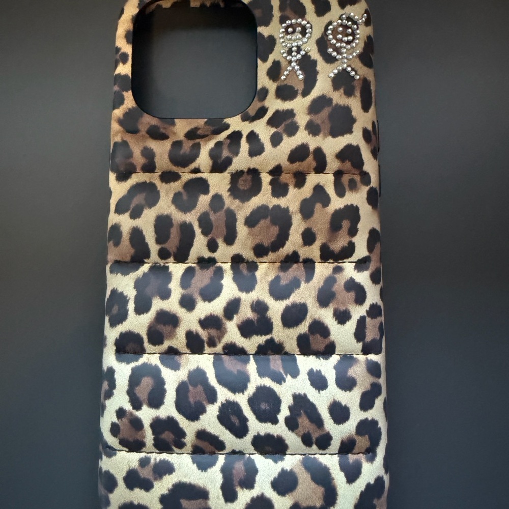 Urban Sophistication Leopard Print Puffer Phone Case with Rhinestone Detail
